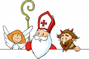 Saint Nicholas, devil and angel peeking out behind white surface - vector illustration